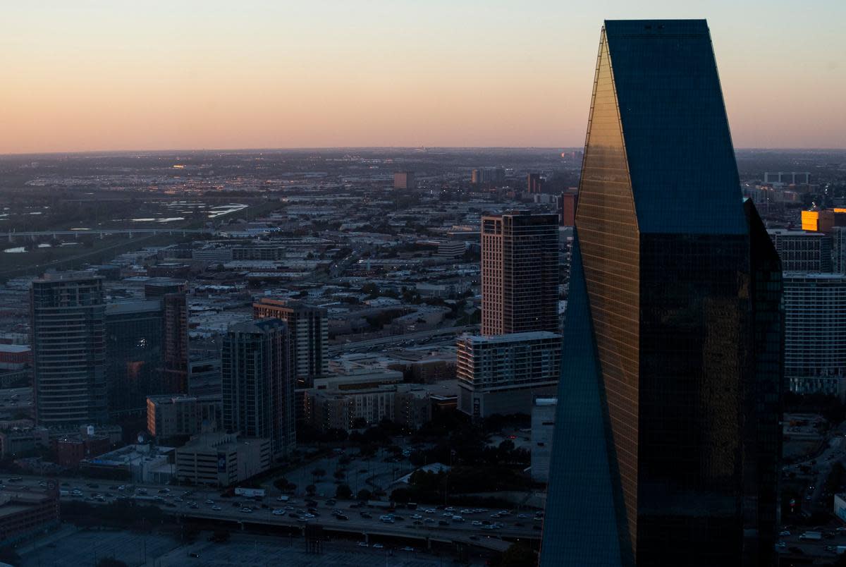 A view of downtown Dallas from The Tower Club on the 48th floor of the Santander Tower in downtown Dallas, on Nov. 07, 2023. Texas metros have a glut of vacant offices space driven by the rise of remote work, overbuilding and other factors during the pandemic. One option companies are doing to combat the changes, is to convert office space into residential housing.