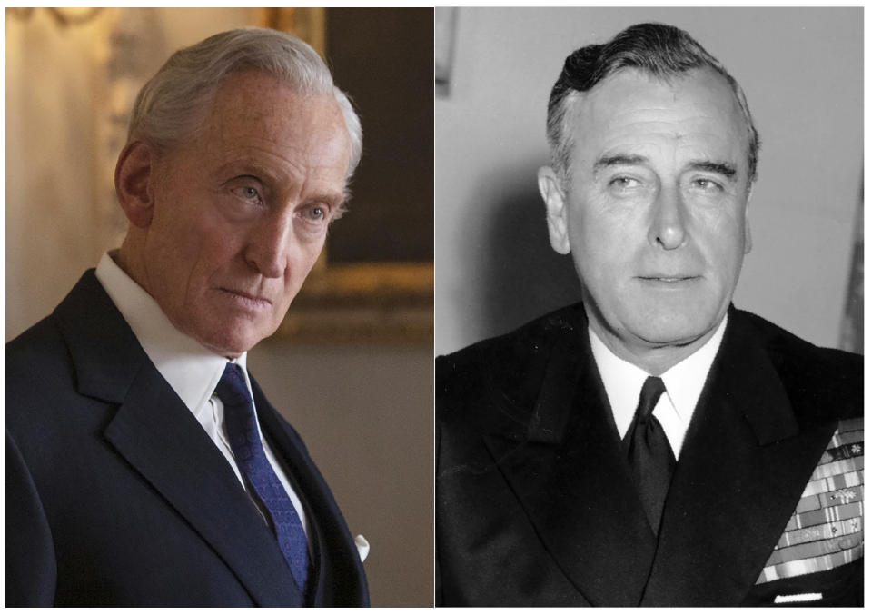 This combination of photos shows actor Charles Dance portraying Lord Louis Mountbatten in a scene from the third season of "The Crown," left, and Lord Mountbatten in London on April 22, 1955. The popular series based on the British royal family debuts Sunday on Netflix. (Netflix, left, and AP Photo)