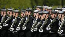 Navy band march prior to the arrival of Pope Francis at the Presidential residence in Dublin, Ireland, Saturday, Aug. 25, 2018. Pope Francis is on a two-day visit to Ireland. (AP Photo/Peter Morrison)