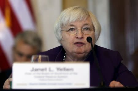 Federal Reserve Chair Janet Yellen speaks at a meeting of the Financial Stability Oversight Council (FSOC) at the Treasury Department in Washington, in this May 19, 2015 file photo. REUTERS/Carlos Barria