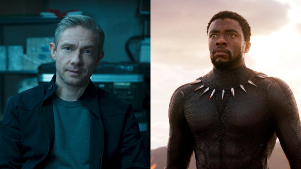 Martin Freeman said he and the rest of the Black Panther cast had to 'motor on' after the loss of leading man Chadwick Boseman. (Marvel Studios/Disney)