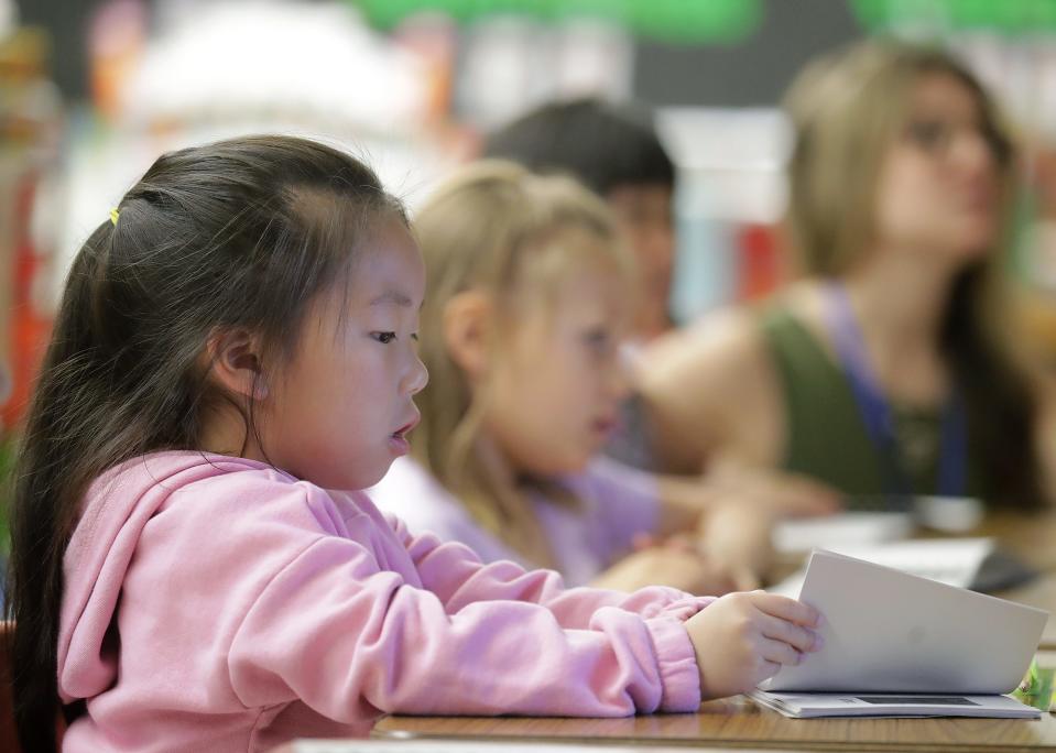 Kindergarten Naila Xiong is hard at work in class on June 5 at Johnston Elementary School in Appleton.