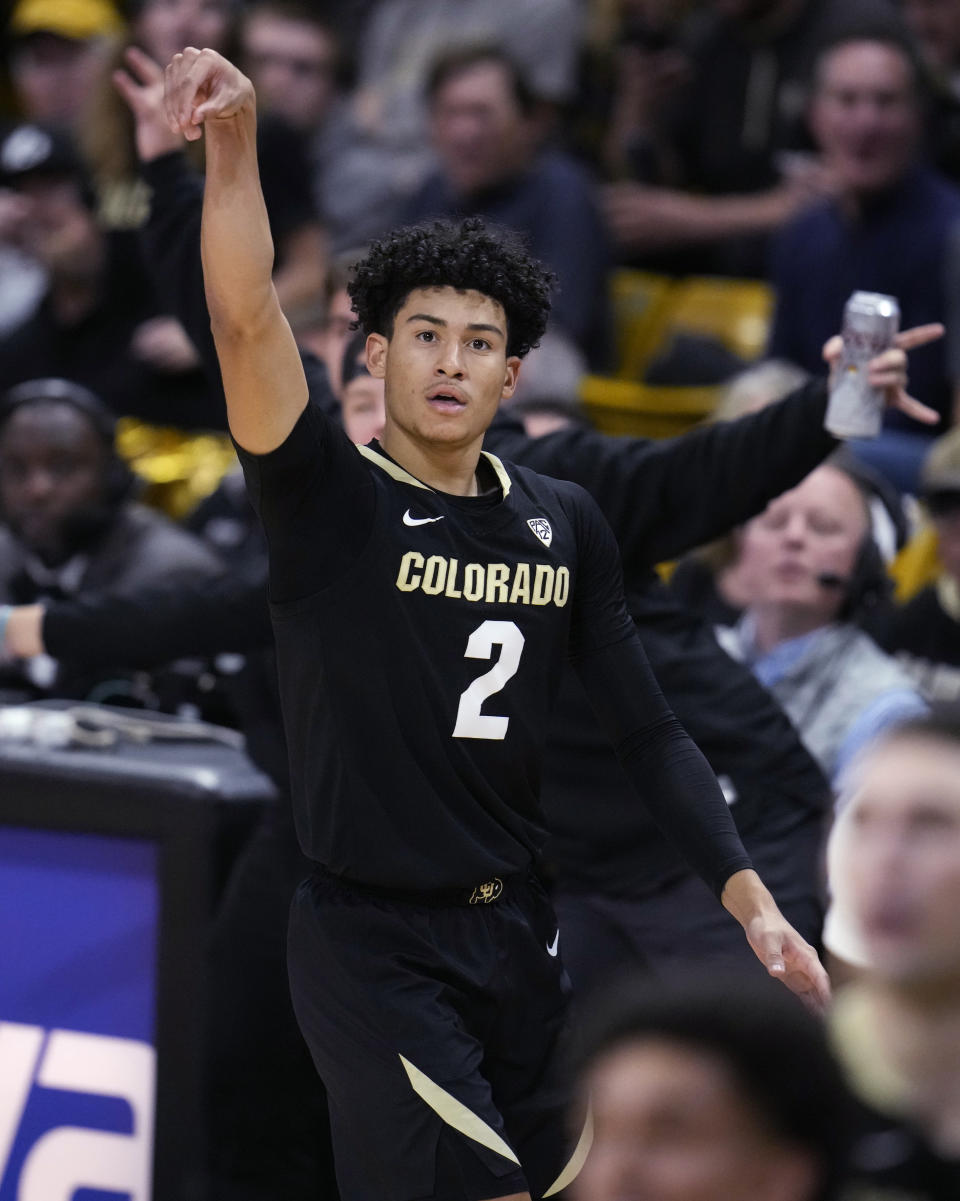 Colorado guard KJ Simpson reacts after hitting a 3-point basket against Colorado State during the second half of an NCAA college basketball game Thursday, Dec. 8, 2022, in Boulder, Colo. (AP Photo/David Zalubowski)