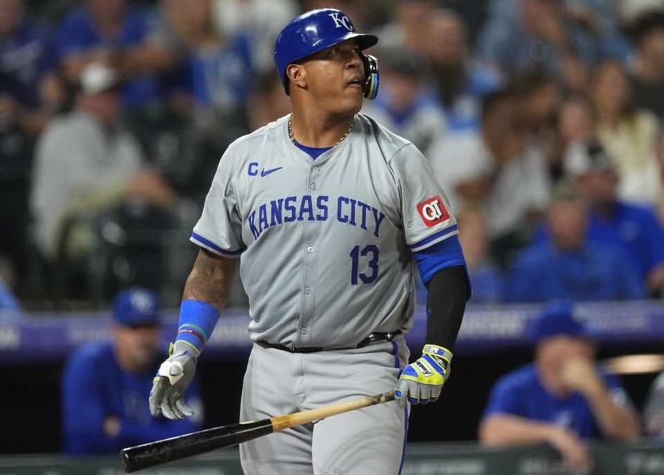 Kansas City Royals' Salvador Perez reacts after striking out against Colorado Rockies relief pitcher Victor Vodnik in the ninth inning of a baseball game Saturday, July 6, 2024, in Denver. (AP Photo/David Zalubowski)