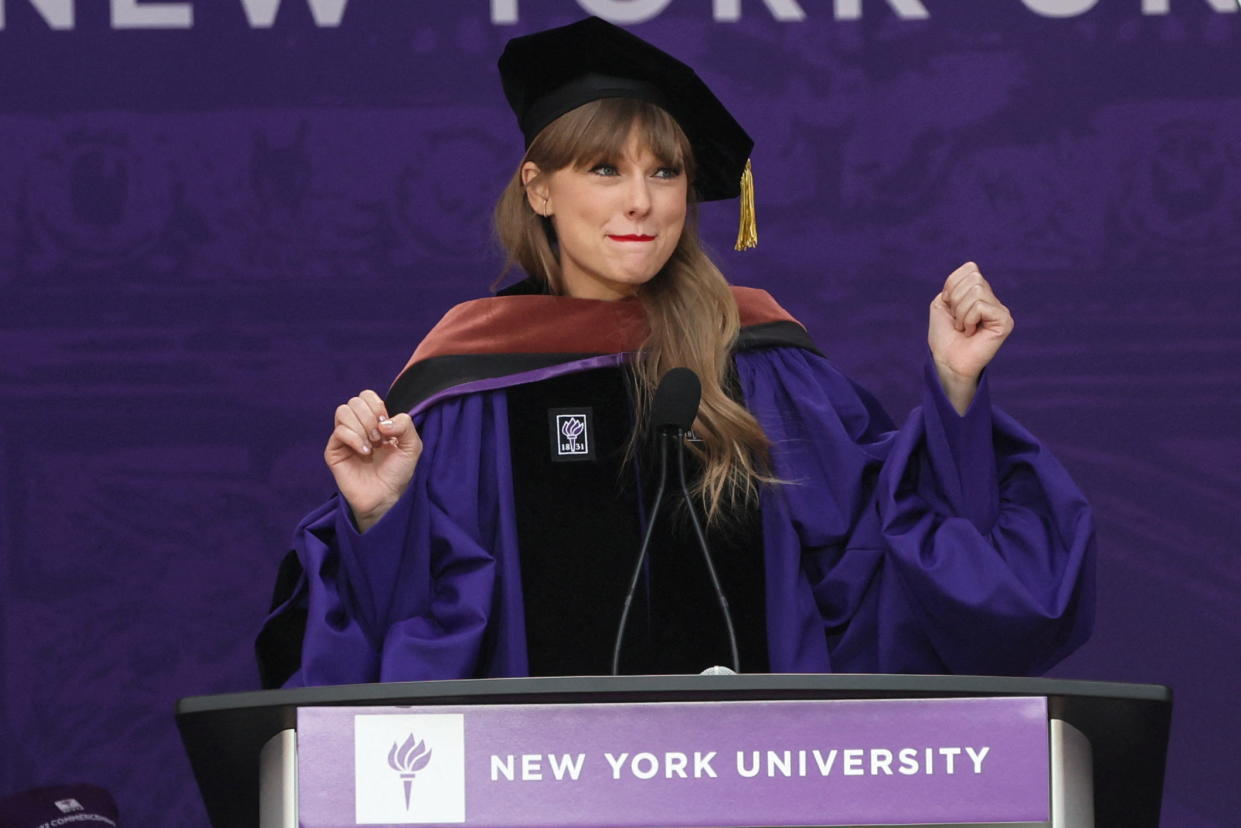 Taylor Swift speaks after receiving her Honorary Doctorate in Fine Arts during the New York University (NYU) graduation ceremony on May 18, 2022