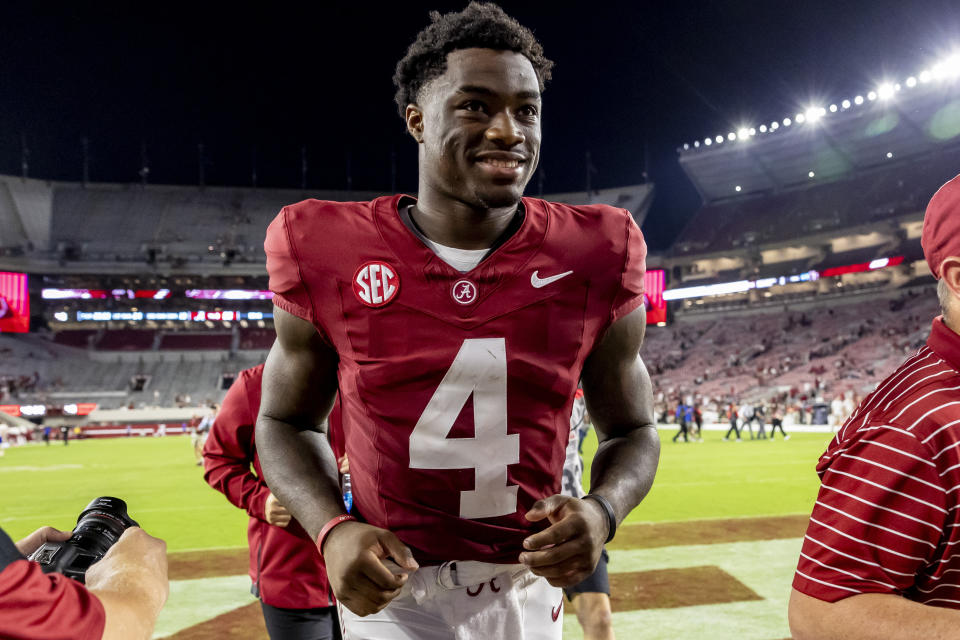 Alabama quarterback Jalen Milroe (4) jogs off the field after the team's win against Middle Tennessee in an NCAA college football game, Saturday, Sept. 2, 2023, in Tuscaloosa, Ala. (AP Photo/Vasha Hunt)