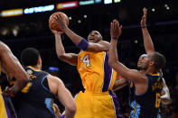 LOS ANGELES, CA - MAY 12: Kobe Bryant #24 of the Los Angeles Lakers goes up for a shot over Arron Afflalo #6 of the Denver Nuggets in the first half in Game Seven of the Western Conference Quarterfinals in the 2012 NBA Playoffs on May 12, 2012 at Staples Center in Los Angeles, California. NOTE TO USER: User expressly acknowledges and agrees that, by downloading and or using this photograph, User is consenting to the terms and conditions of the Getty Images License Agreement. (Photo by Harry How/Getty Images)