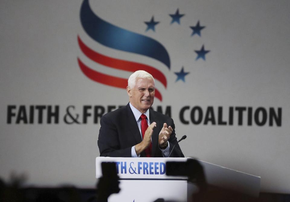 Former vice president Mike Pence speaks during the Road to Majority convention at Gaylord Palms Resort & Convention Center in Kissimmee, Fla., on Friday, June 18, 2021. (Stephen M. Dowell /Orlando Sentinel via AP)