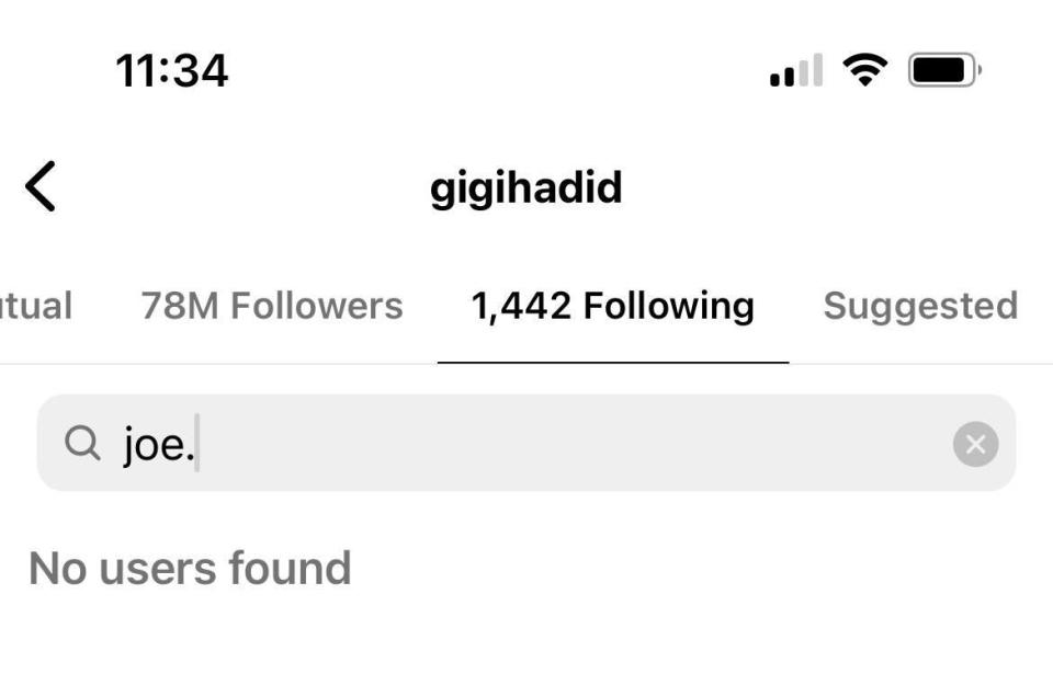 Gigi Hadid does not follow Joe Alwyn as of April 21, 2023.