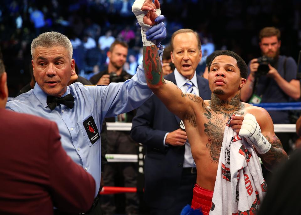 Gervonta Davis reacts to his victory by knockout against Francisco Fonseca during a boxing match at T-Mobile Arena.