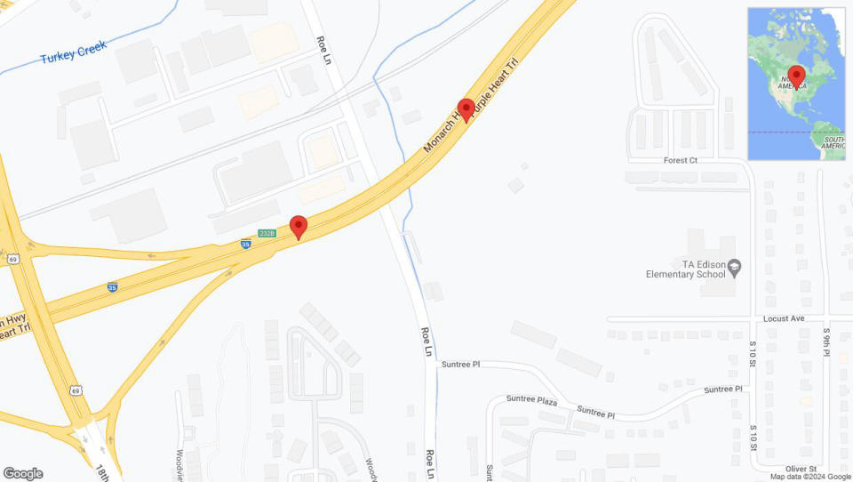 A detailed map that shows the affected road due to 'Broken down vehicle on northbound I-35 in Kansas City' on January 4th at 6:25 p.m.