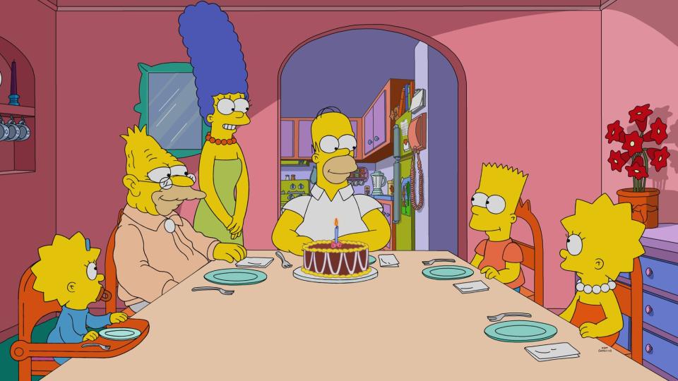 THE SIMPSONS, from left: Maggie Simpson, Abe Simpson (voice: Dan Castellaneta), Marge Simpson (voice: Julie Kavner), Homer Simpson (voice: Dan Castellaneta), Bart Simpson (voice: Nancy Cartwright), Lisa Simpson (voice: Yeardley Smith), ‘Diary Queen', (Season 32, ep. 3205, aired Feb. 14, 2021)