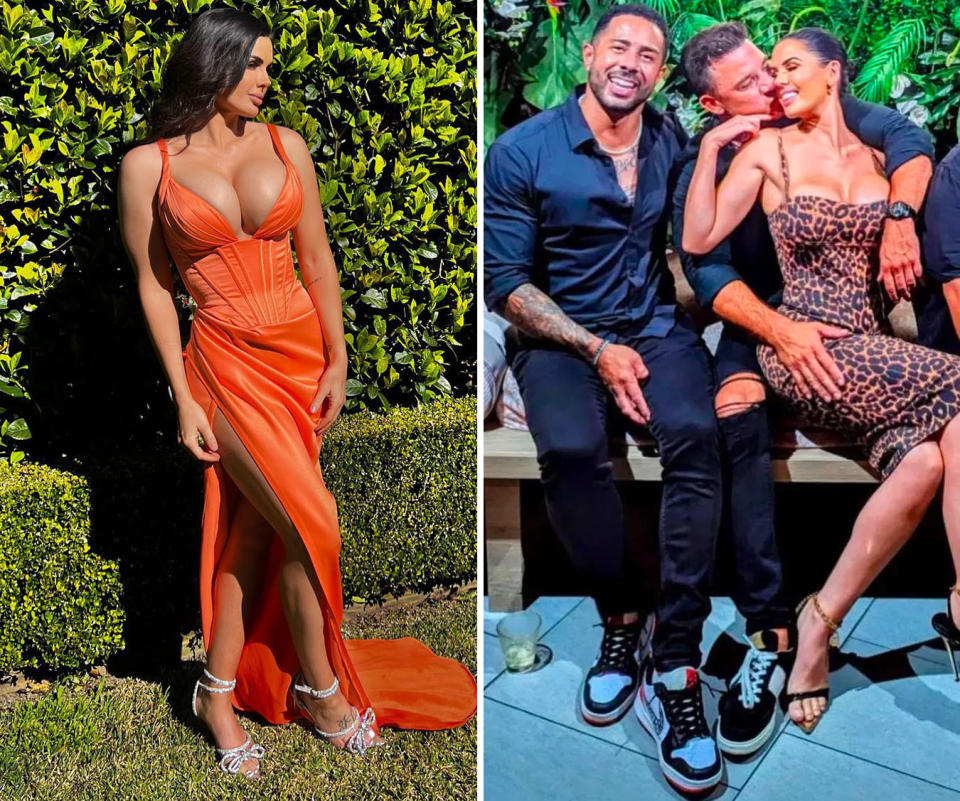 L: Samantha Louise Symes in an orange dress. R: MAFS star Adam Seed sits next to Dan Hunjas who is kissing Samantha Louise Symes