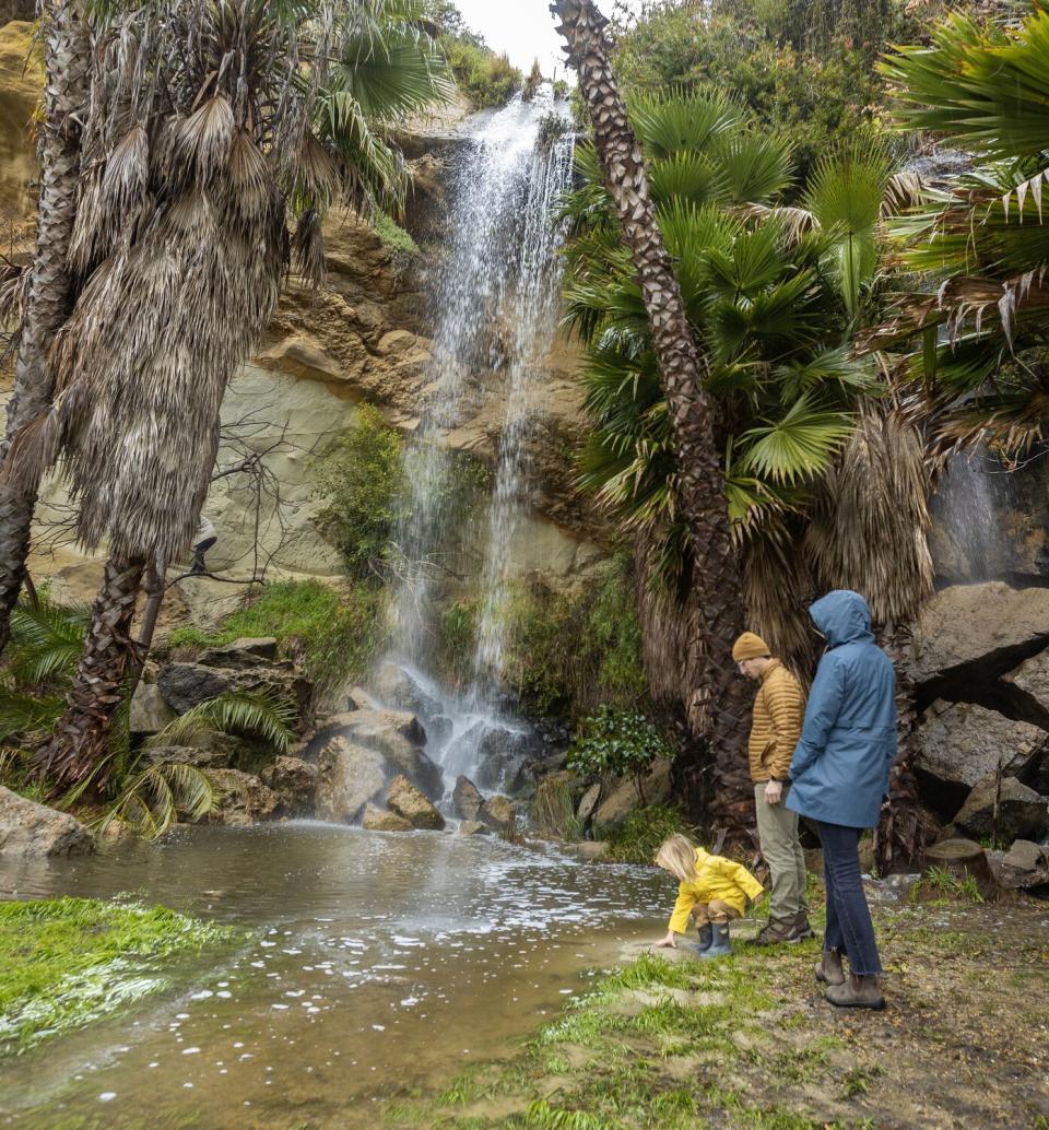 Two adults and a child beside a waterfall