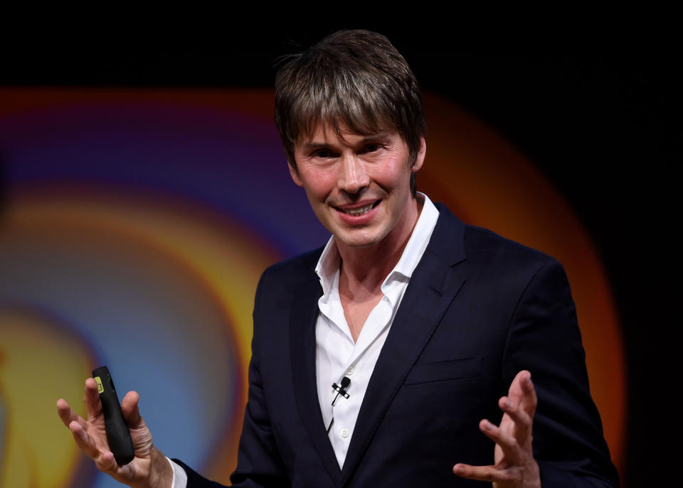 Professor Brian Cox gives a lecture during the Stephen Hawking public symposium at Lady Mitchell Hall in Cambridge. (Photo by Joe Giddens/PA Images via Getty Images)