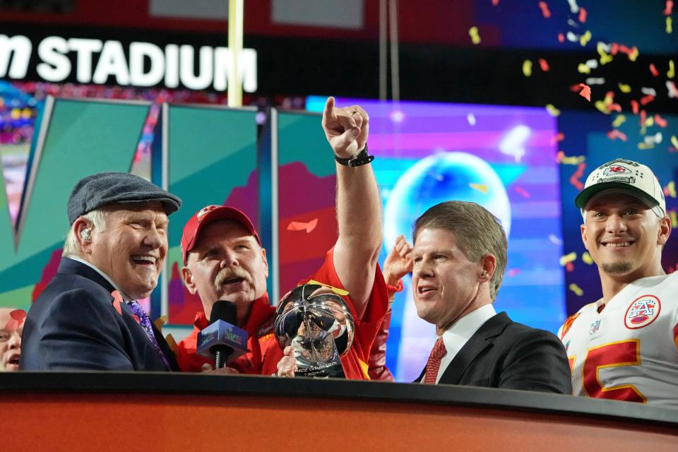 FOX Sports' Terry Bradshaw interviews Chiefs coach Andy Reid and chairman and CEO Clark Hunt after Kansas City's Super Bowl 57 victory against the Philadelphia Eagles at State Farm Stadium in Glendale, Ariz. on Feb. 12, 2023.