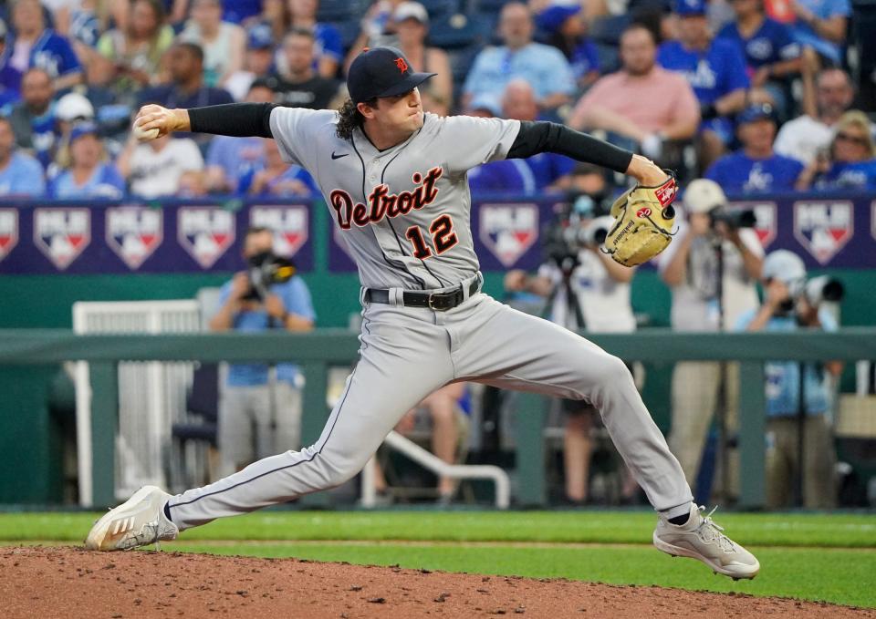 Detroit Tigers starting pitcher Casey Mize (12) delivers a pitch in the fifth inning against the Kansas City Royals at Kauffman Stadium in Kansas City, Missouri, on Tuesday, June 15, 2021.