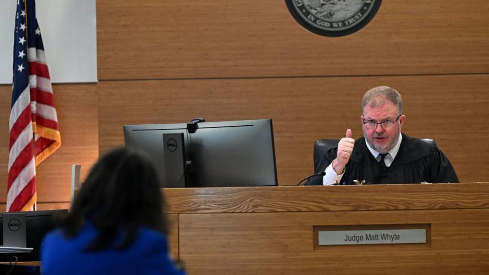 District 12 Judge Matt Whyte addresses defense attorney Connie Mederos-Jacobs from the bench before the start of Octavio Banos’ trial for attempted second-degree murder with a firearm for a shooting at the Ellenton Premiere Outlets in 2022. Banos appeared in the Manatee County Judicial Center courtroom for his trial on March 26, 2024.