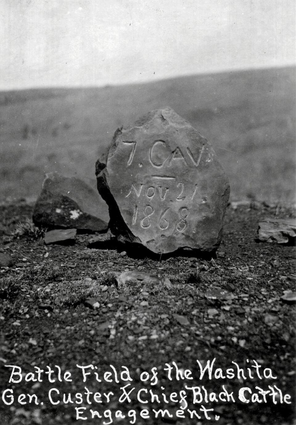 Photograph of an unfinished stone engraving that reads "7 Cav. Nov. 2-, 1868." Photograph reads "Battle of the Washita, General Custer and Chief Black Kettle Engagement.Ó. This photograph is part of the collection entitled: Oklahoma Historical Society Photograph Collection and was provided by the Oklahoma Historical Society to The Gateway to Oklahoma History. COURTESY OKLAHOMA HISTORICAL SOCIETY