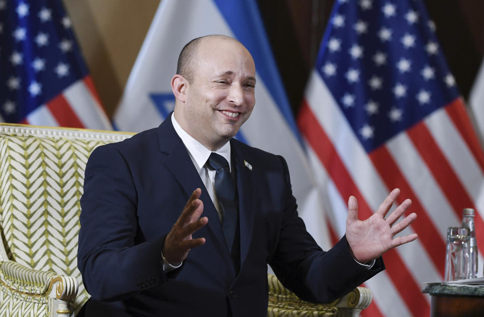 Israeli Prime Minister Naftali Bennett speaks as he meets with Secretary of State Antony Blinken at the Willard Hotel in Washington, Wednesday, Aug. 25, 2021. (Olivier Douliery/Pool via AP)