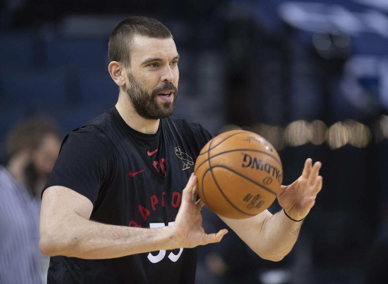 Toronto Raptors' Marc Gasol makes a pass during a team practice in Oakland, Calif., Wednesday, June 12, 2019. The Raptors are scheduled to play the Golden State Warriors in Game 6 of basketball's NBA Finals on Thursday. (Frank Gunn/The Canadian Press via AP)