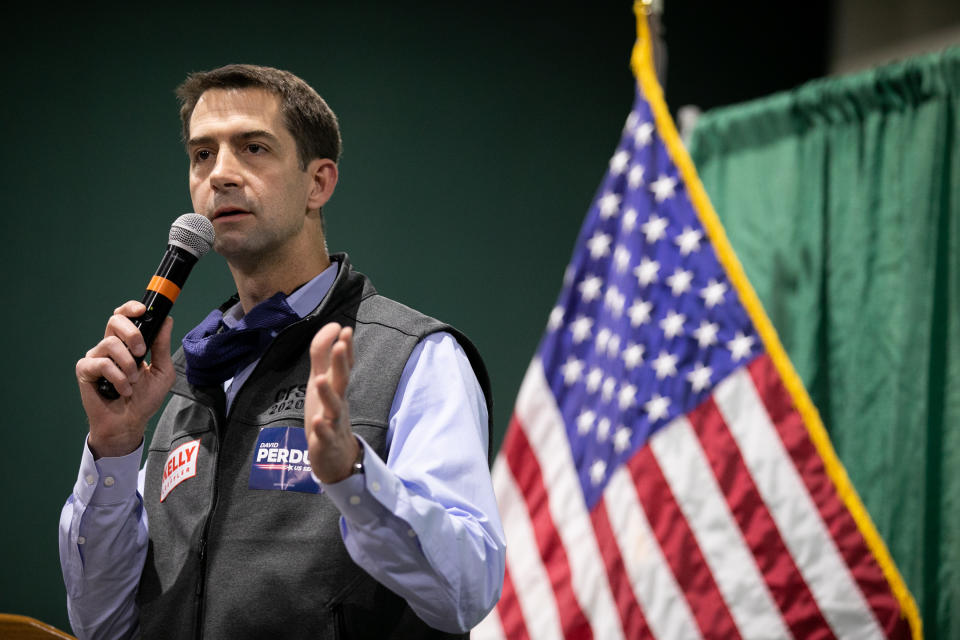 Sen. Tom Cotton (R-AR) speaks to the crowd during a "Defend the Majority" rally for Sens. Kelly Loeffler (R-GA) and David Purdue (R-GA) on November 19, 2020 in Perry, Georgia. (Photo by Jessica McGowan/Getty Images)