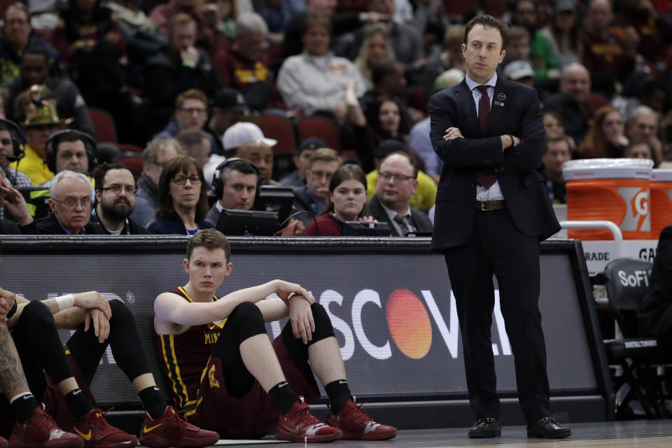 Minnesota head coach Richard Pitino watches during the second half of an NCAA college basketball game against Michigan in the semifinals of the Big Ten Conference tournament, Saturday, March 16, 2019, in Chicago. (AP Photo/Nam Y. Huh)