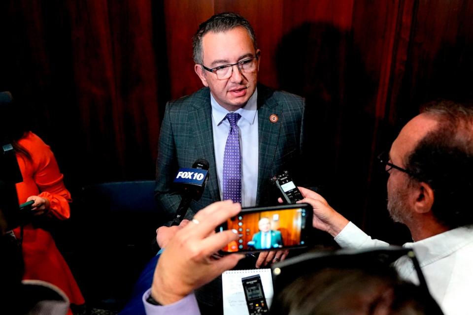 PHOTO: Arizona State Speaker of the House Ben Toma speaks to reporters from the House floor at the Capitol in Phoenix, AZ, April 10, 2024. (Matt York/AP)
