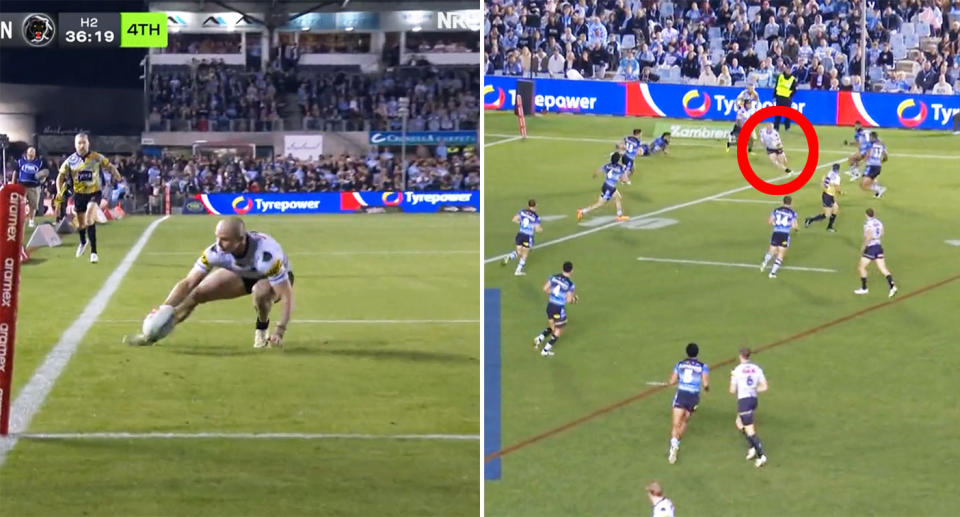 Dylan Edwards did brilliantly to stop a Cronulla 40/20 during Penrith's big win in the NRL. Pic: Fox League