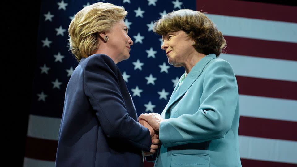 Hillary Clinton and Sen. Dianne Feinstein embrace during a fundraiser on October 13, 2016, in San Francisco. - BRENDAN SMIALOWSKI/AFP/Getty Images