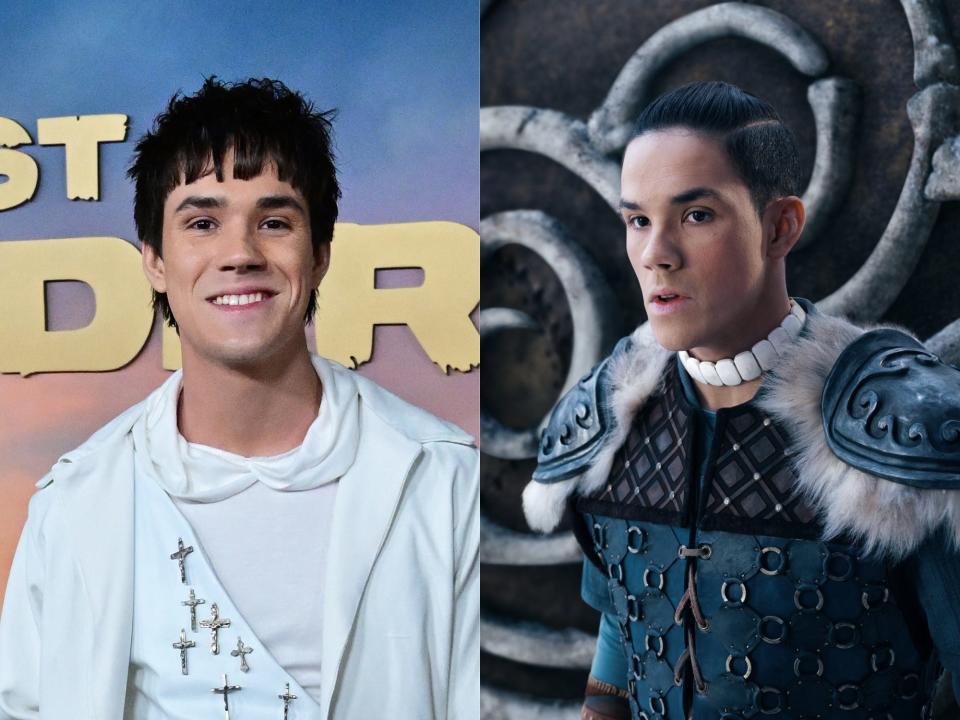 left: ian ousley wearing a white outfit with several crosses attacked on his chest, smiling; right: ousley as sokka, wearing blue armor and with his hair pulled back