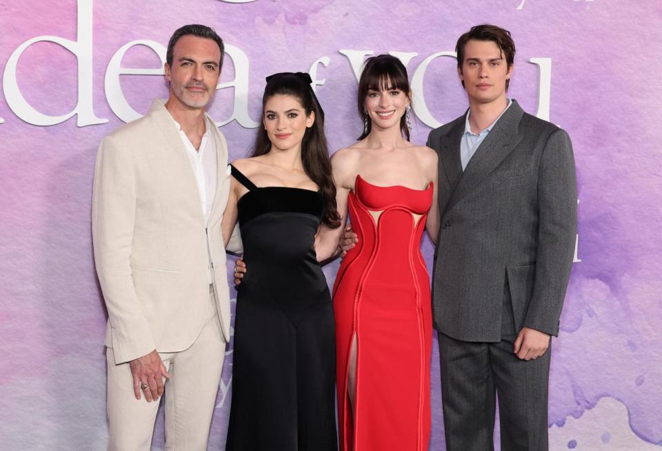 PHOTO: (L-R) Reid Scott, Ella Rubin, Anne Hathaway and Nicholas Galitzine attend the Prime Video's 'The Idea Of You' New York premiere at Jazz at Lincoln Center on April 29, 2024 in New York City. (Cindy Ord/Getty Images)