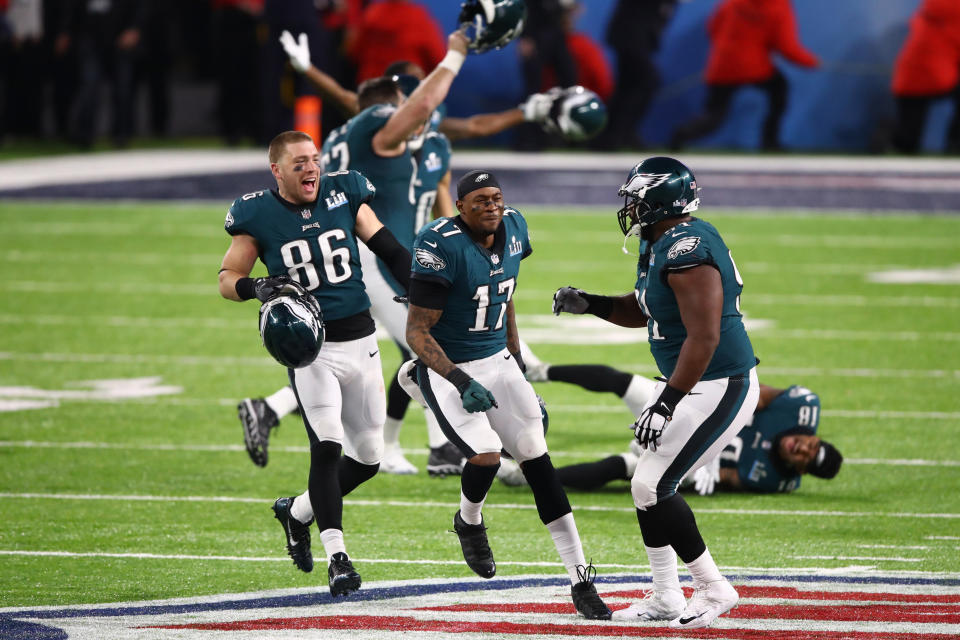 <p>Zach Ertz #86 and Alshon Jeffery #17 of the Philadelphia Eagles celebrate defeating the New England Patriots 41-33 in Super Bowl LII at U.S. Bank Stadium on February 4, 2018 in Minneapolis, Minnesota. (Photo by Gregory Shamus/Getty Images) </p>