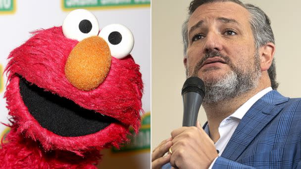 PHOTO: Sesame Street Muppet 'Elmo' attends the Sesame Workshop's 13th Annual Benefit Gala at Cipriani 42nd Street, May 27, 2015, in New York. Sen. Ted Cruz speaks during a campaign event for Yesli Vega, June 20, 2022, in Fredericksburg, Va. (WireImage/Getty Images)