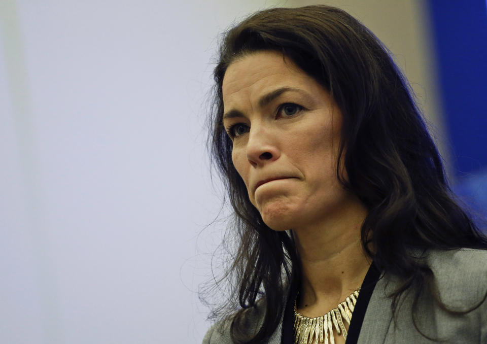 Former Olympic figure skater Nancy Kerrigan speaks after a screening of a new documentary about the 1994 attack on her which will air the day of the 2014 Winter Olympics closing ceremony, Friday, Feb. 21, 2014, in Sochi, Russia. Kerrigan has been reluctant to talk about rival Tony Harding’s ex-husband hiring a hit squad to take her out before the 1994 Olympics in Lillehammer. She finally relented for a show that marks the 20-year anniversary of the incident, which thrust figure skating into the spotlight and spawned an international media frenzy. (AP Photo/David Goldman)