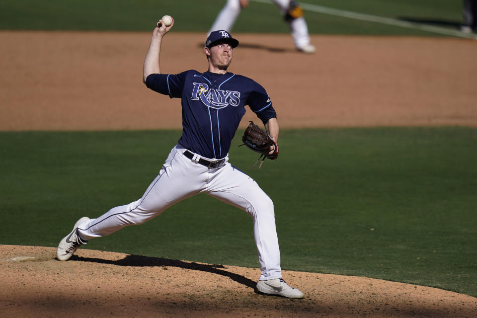 Tampa Bay Rays relief pitcher Peter Fairbanks pitches during the sixth inning in Game 2 of a baseball American League Championship Series against the Houston Astros, Monday, Oct. 12, 2020, in San Diego. (AP Photo/Gregory Bull)