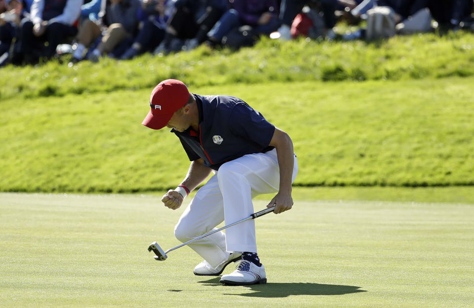 FILE - Justin Thomas of the U.S. celebrates after winning the 8th hole during a singles match on the final day of the 42nd Ryder Cup at Le Golf National in Saint-Quentin-en-Yvelines, outside Paris, France, Sunday, Sept. 30, 2018. Thomas has become the American that Europeans love to beat because of his emotion.(AP Photo/Matt Dunham, File)