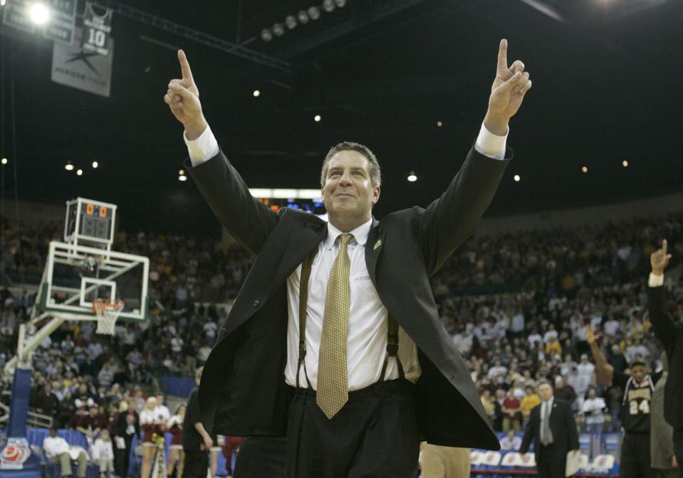 Coach Bruce Pearl celebrates after their victory in their second round game of the NCAA tournament at the Wolstein Center in Cleveland Saturday, March, 19, 2005.