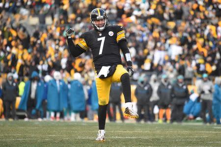Jan 8, 2017; Pittsburgh, PA, USA; Pittsburgh Steelers quarterback Ben Roethlisberger (7) celebrates after a touchdown pass against the Miami Dolphins during the second half in the AFC Wild Card playoff football game at Heinz Field. Mandatory Credit: James Lang-USA TODAY Sports