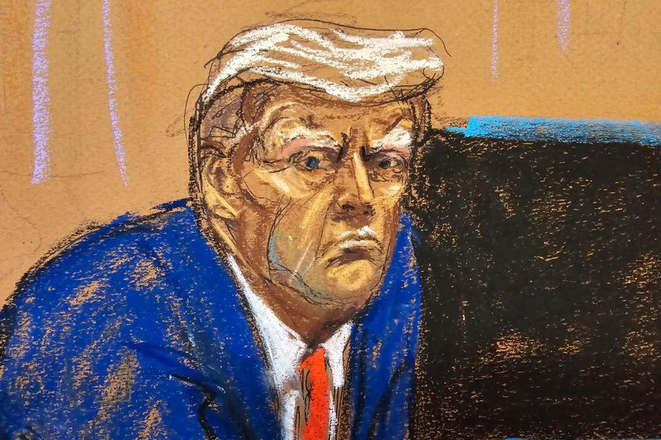 In this courtroom sketch, former President Donald Trump turns to face the audience at the beginning of his New York criminal trial on April 15, 2024.