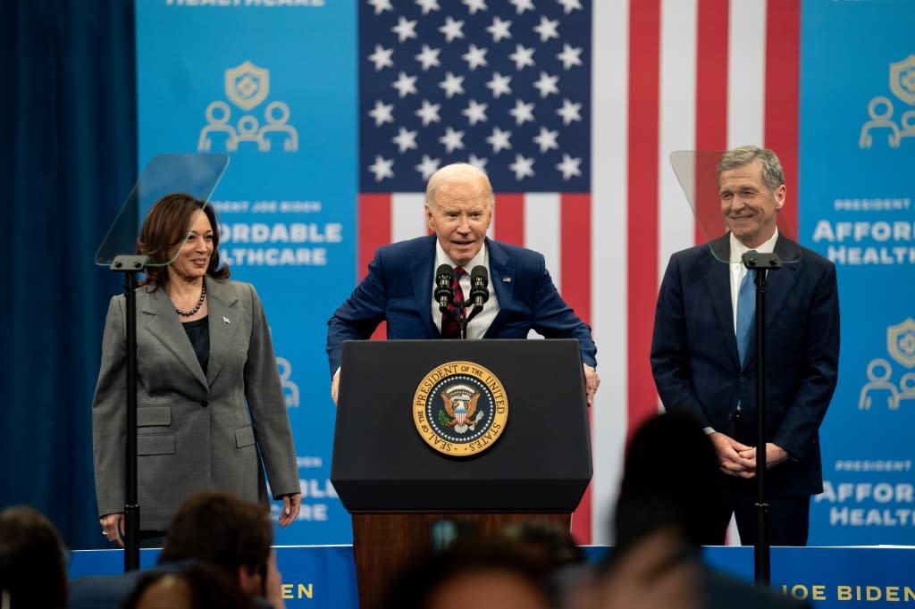 During a stop in North Carolina on March 26, 2024, Vice President Kamala Harris and President Joe Biden (from left) were joined in Raleigh by Gov. Roy Cooper. Democrats see the state as winnable this presidential election. (Photo by Eros Hoagland/Getty Images)