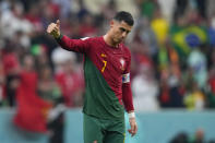 Portugal's Cristiano Ronaldo gives a thumbs up after the 6-1 win during the World Cup round of 16 soccer match between Portugal and Switzerland, at the Lusail Stadium in Lusail, Qatar, Tuesday, Dec. 6, 2022. (AP Photo/Natacha Pisarenko)