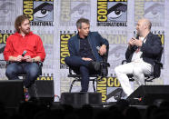 <p>T.J. Miller, Ben Mendelsohn, and screenwriter Zak Penn at the Warner Bros. Pictures Presentation at Comic-Con on July 22, 2017 in San Diego. (Photo: Kevin Winter/Getty Images) </p>