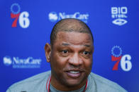 Philadelphia 76ers head coach Doc Rivers speaks with members of the media at the NBA basketball team's facility, in Camden, N.J., Tuesday, March 1, 2022. (AP Photo/Matt Rourke)