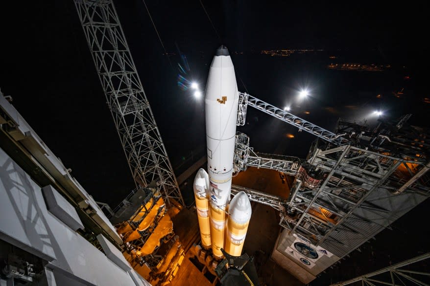 The Mobile Service Tower (MST) rolls back from the United Launch Alliance (ULA) Delta IV Heavy rocket carrying the NROL-70 mission for the National Reconnaissance Office (NRO) in preparation for launch from Space Launch Complex-37 at Cape Canaveral Space Force Station, Florida on April 9, 2024.