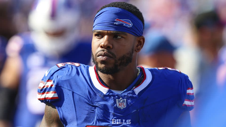 Buffalo Bills running back Damien Harris walks the sideline during an NFL game against the Miami Dolphins on October 1 in Orchard Park, New York. - Gary McCullough/AP