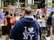<p>Protestors of a travel ban gather in Union Square, June 29, 2017, in New York. A scaled-back version of President Donald Trump’s travel ban takes effect Thursday evening, stripped of provisions that brought protests and chaos at airports worldwide in January yet still likely to generate a new round of court fights. (AP Photo/Frank Franklin II) </p>