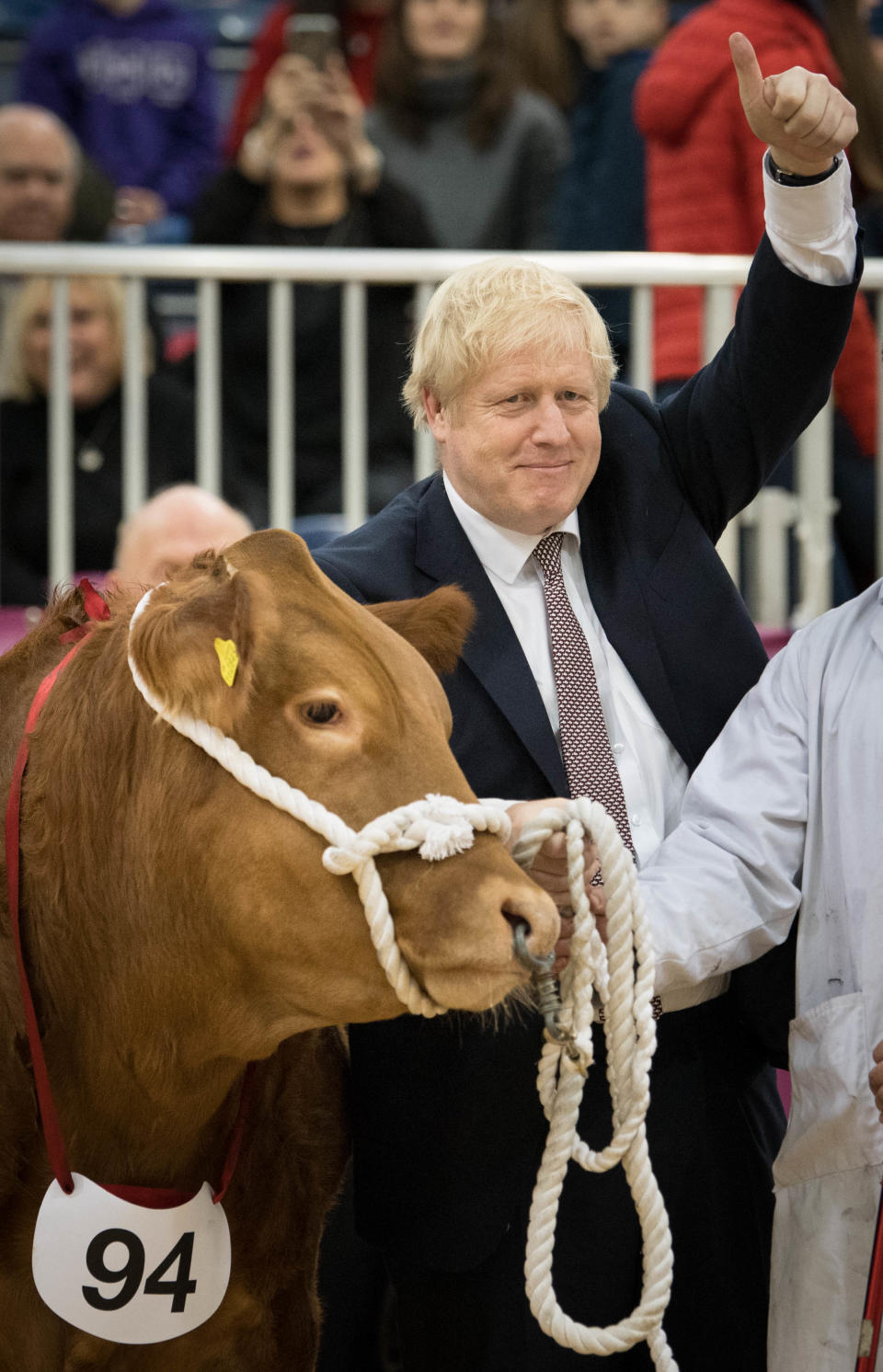  Prime Minister Boris Johnson, visits the Royal Welsh Winter Fair, in Llanelwedd, Builth Wells
whilst on the General Election campaign trail. PA Photo. Picture date: Monday November 25, 2019. See PA story POLITICS Election. Photo credit should read: Stefan Rousseau/PA Wire 