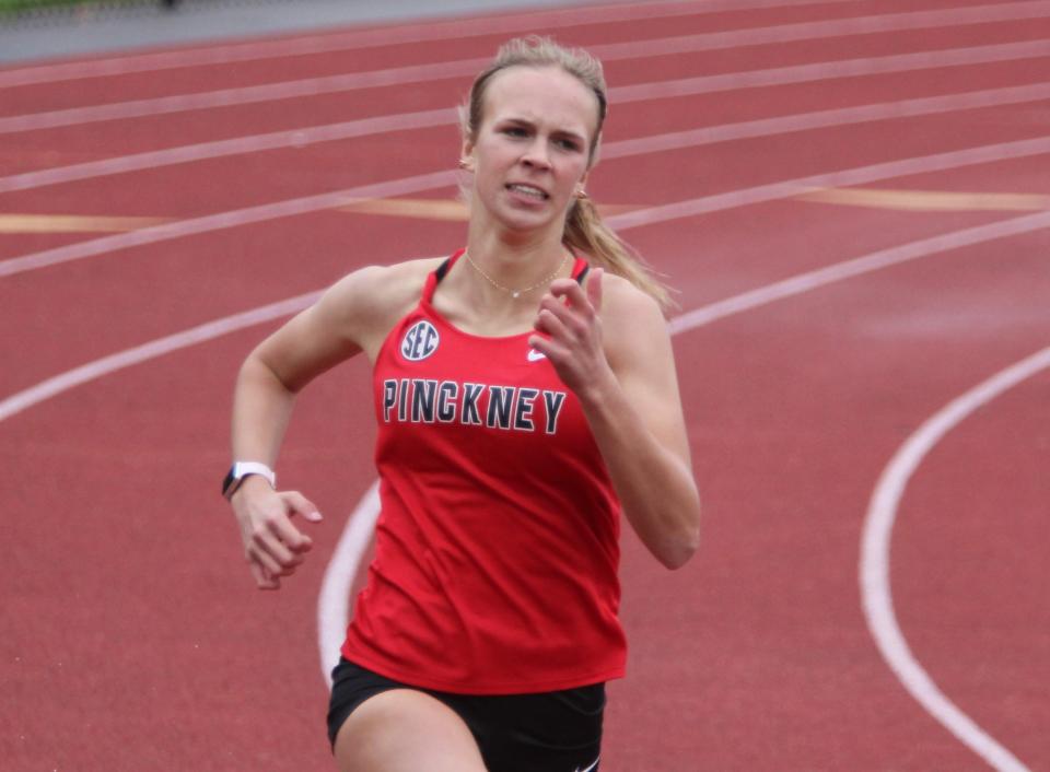 Pinckney senior CeCe Thorington won three races and placed second in another during the SEC White track and field meet Thursday, May 9, 2024 at Pinckney.