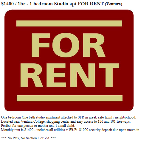 A Craigslist post for an apartment in Ventura lists "No Section 8" as part of the requirements for tenants. A new state law that took effect Jan. 1 bans "No Section 8" advertisements.